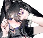  1girl animal_ear_fluff animal_ears apron arm_up bangs black_hair blush choker close-up collarbone colored_inner_hair crying crying_with_eyes_open eyebrows_behind_hair face hair_between_eyes hair_ornament hairclip hand_up highres ichini_(aaaraaaaaaaaa) long_hair looking_at_viewer maid maid_apron maid_headdress multicolored_hair open_mouth original purple_eyes purple_hair purple_nails simple_background solo sweat tears upper_body white_background wrist_cuffs 