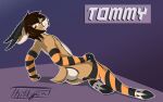  antelope anthro balls bovid brown_hair butt clothing gazelle genitals hair hi_res hooves horn legwear looking_at_viewer lying male mammal on_side orange_eyes pinup pose pulling_clothing solo stockings stripes thibbycat tommy_(ssinister) 