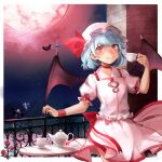  5girls back_bow bat_wings black_wings blue_hair bow brick_wall cirno closed_mouth cup eyelashes fence flying frilled_shirt_collar frilled_sleeves frills full_moon happy hat hat_ribbon highres holding holding_cup izayoi_sakuya mob_cap moon mug multiple_girls night night_sky pink_headwear pink_shirt pink_skirt red_bow red_eyes red_ribbon remilia_scarlet ribbon rumia shirt short_hair skirt sky smile table teapot touhou usami_sumireko wings wrist_cuffs yorktown_cv-5 