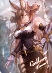  1girl animal_ears armpits asymmetrical_hair bangs breasts brown_hair closed_eyes detached_sleeves frilled_sleeves frills galleon_(granblue_fantasy) gloves granblue_fantasy hair_between_eyes highres horns large_breasts long_hair pointy_ears solo veil very_long_hair white_gloves y-chan 