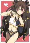  1girl absurdres ahoge bangs bare_shoulders black_bow bow breasts brown_hair cleavage commission cowboy_shot earrings elbow_gloves eyebrows_visible_through_hair fate/grand_order fate_(series) fingerless_gloves fingernails gloves hair_bow hair_ornament heart heart_hands highres ishtar_(fate) jewelry light_blush long_hair long_sleeves looking_at_viewer medium_breasts navel outline red_background red_eyes revealing_clothes simple_background single_elbow_glove skeb_commission smile solo sparkle thighs very_long_hair yoriteruru 