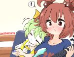  ! 2girls ascot bangs blue_shirt blush breasts closed_eyes closed_mouth collared_shirt colored_skin commentary cookie_(touhou) daiyousei diyusi_(cookie) eyebrows_visible_through_hair gram_9 green_hair guitar hair_bobbles hair_ornament holding holding_instrument holding_plectrum instrument large_breasts multiple_girls niconico_id onozuka_komachi open_mouth plectrum red_eyes red_hair shirt shishou_(cookie) short_hair smile spoken_exclamation_mark touhou two_side_up upper_body white_background white_shirt white_skin yellow_ascot 