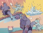  ambiguous_gender anthro bodily_fluids dark_ishihara fak&eacute;mon feral group humanoid humor machoke machop mammal marine nintendo open_mouth partially_submerged pink_body pok&eacute;mon pok&eacute;mon_(species) shellder slowbro smile splash sweat video_games water wet 