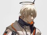  1boy aoki_(fumomo) arknights bangs blue_eyes closed_mouth collared_jacket commentary_request executor_(arknights) gradient gradient_background hair_between_eyes halo jacket looking_to_the_side serious simple_background solo upper_body white_background white_hair white_jacket 