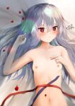  1girl absurdres alisa_alice bangs bed_sheet blush breasts closed_mouth collarbone commentary_request eyebrows_behind_hair grey_hair hair_between_eyes hands_up highres long_hair looking_at_viewer lying navel nipples nude on_back original petals red_eyes signature small_breasts solo 