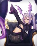  1girl absurdres arknights armchair bangs black_footwear black_legwear black_shirt black_shorts blurry blurry_foreground boots chair closed_mouth commentary_request depth_of_field eyebrows_behind_hair grey_hair hair_between_eyes head_wings highres legs_up looking_at_viewer manticore_(arknights) moubun_nisei on_chair pink_wings pointy_ears puffy_shorts red_eyes shirt short_shorts shorts solo striped striped_shorts tail thigh_boots thighhighs twintails vertical-striped_shorts vertical_stripes wings 