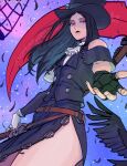  1other androgynous ascot asymmetrical_gloves asymmetrical_sleeves belt bird black_hair cage commentary crow fingerless_gloves gloves guilty_gear guilty_gear_strive hat highres long_hair mismatched_gloves reaching_out red_eyes scythe skirt testament_(guilty_gear) top_hat twitter_username wallace_pires 