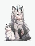  +_+ 1girl :&lt; animal animal_ear_fluff animal_ears bangs between_legs black_legwear blue_eyes cat cat_ears cat_girl cat_tail closed_mouth commentary english_commentary eyebrows_visible_through_hair grey_background grey_hair grey_sweater hair_between_eyes hair_ornament hairclip hand_between_legs highres horns long_hair long_sleeves looking_away looking_to_the_side mosoukeito no_shoes off_shoulder original pointy_ears shadow sleeves_past_fingers sleeves_past_wrists solo squatting sweater tail thighhighs two_side_up very_long_hair x_hair_ornament 