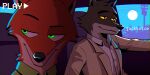  2022 anthro black_nose brown_body brown_fur canid canine canis clothed clothing crossover digital_media_(artwork) disney dreamworks duo eyebrows fox fur green_eyes hi_res jackknice male mammal moon mr._wolf_(the_bad_guys) nick_wilde orange_body orange_fur raised_eyebrow smile the_bad_guys topwear wolf yellow_eyes zootopia 