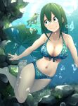  1girl :&gt; absurdres asui_tsuyu bangs barefoot bikini boku_no_hero_academia breasts bubble cleavage closed_mouth collarbone foot_out_of_frame frog front-tie_bikini front-tie_top grass green_bikini green_eyes green_hair highres kobaji large_breasts long_hair looking_to_the_side low-tied_long_hair navel revision rock solo stomach swimsuit underwater water 
