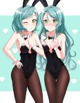  2girls animal_ears aqua_hair baek_hyang&#039;geum bang_dream! black_bow black_bowtie black_legwear black_leotard bow bowtie braid breasts cleavage covered_navel detached_collar fishnet_legwear fishnets highres hikawa_hina hikawa_sayo leotard long_hair looking_at_viewer medium_breasts multiple_girls one_eye_closed pantyhose playboy_bunny rabbit_ears rabbit_tail short_hair siblings side_braids sisters tail thigh_gap twins v wrist_cuffs yellow_eyes 