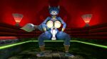  3d_(artwork) anthro balls big_breasts blue_body blue_fur breasts canid canine clothed clothing crouching digital_media_(artwork) erection fox fur genitals green_eyes gynomorph hi_res intersex krystal mammal nintendo ok_bruh penis solo star_fox tongue tongue_out video_games 