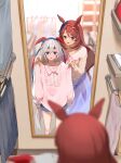  2girls arms_at_sides bangs blue_eyes blue_skirt blurry blurry_foreground blush braid brown_hair cabinet clothes clothes_hanger dressing_another full-length_mirror grey_hair hairband headband highres holding holding_clothes holding_shirt horse_girl indoors iwashi_111 long_hair long_sleeves looking_at_another mirror multiple_girls open_mouth pink_shirt shirt shorts skirt smile standing super_creek_(umamusume) tamamo_cross_(umamusume) umamusume v-shaped_eyebrows 