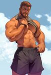  abs alejandro_tio bara beard biceps bracelet brown_eyes brown_hair bulge clothes_lift cloud day facial_hair flexing highres jewelry large_pectorals male_focus mature_male muscular muscular_male navel navel_hair nipples original pectorals pose shirt_lift shorts signature sky smile solo tank_top thick_eyebrows thick_thighs thighs 