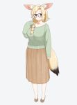  1girl absurdres animal_ears bespectacled blonde_hair braid casual full_body glasses grey_background hair_over_shoulder highres hololive long_skirt okunin omaru_polka ponytail simple_background single_braid skirt sleeves_past_wrists solo sweater tail virtual_youtuber 