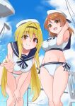  2girls bangs beret bikini black_hairband blonde_hair blue_bikini blue_bow blue_sailor_collar blue_sky bow breasts brown_hair chair closed_mouth cloud cloudy_sky day eyebrows_visible_through_hair groin hair_intakes hairband hand_in_hair hand_on_own_knee hat highres hojo_karen idolmaster idolmaster_cinderella_girls kurosaki_chitose large_breasts leaning_forward long_hair looking_at_viewer low_twintails medium_breasts medium_hair multiple_girls navel open_mouth outdoors railing red_eyes sailor_bikini sailor_collar sidelocks sky smile standing swimsuit thigh_gap twintails v water_drop waving white_bikini white_headwear yuuichi_(reductionblack) 