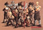  1990s_(style) 6+boys bald beige_background black_hair boots cape character_name copyright_name crossed_arms dougi dragon_ball dragon_ball_z facial_mark father_and_son forehead_mark height_difference high_contrast highres holding holding_polearm holding_weapon kuririn limited_palette long_hair looking_at_viewer male_focus medium_hair multiple_boys muscular muscular_male namekian non-web_source nyoibo official_art parted_lips piccolo pointy_ears polearm retro_artstyle saiyan saiyan_armor scan serious short_hair simple_background son_gohan son_goku spiked_hair standing tank_top tenshinhan third_eye turban vegeta weapon wristband yamcha 