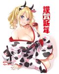  1girl 2021 animal_ears animal_print black_sash blonde_hair blue_eyes blush bottomless breasts chinese_zodiac choko_(cup) cleavage commentary_request cow_ears cow_horns cow_print cup dated fake_animal_ears fake_horns hand_up holding holding_cup horns japanese_clothes kimono large_breasts long_sleeves looking_at_viewer medium_hair nail_polish nakajima_yuka obi official_art original pink_nails ponytail print_hairband print_kimono sash solo tongue tongue_out wide_sleeves year_of_the_ox 