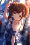  1girl absurdres alternative_girls black_skirt bracelet breasts brown_hair cleavage earrings eyebrows_visible_through_hair green_eyes highres hirose_koharu holding jewelry looking_at_viewer necklace official_art side_ponytail skirt smile solo sunlight train_interior 