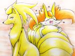  ambiguous_gender anthro blush bodily_fluids braixen canid canine duo eiroru eyes_closed feral fox hi_res inner_ear_fluff mammal ninetales nintendo open_mouth pok&eacute;mon pok&eacute;mon_(species) simple_background sweat tuft video_games 