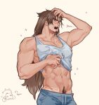  1boy abs armpits artist_name bara biceps brown_hair closed_eyes clothes_lift facial_hair head_on_head head_rest highres league_of_legends long_hair male_focus mature_male muscular muscular_male navel navel_hair pants pectorals punbun_4fun scar scar_on_face scratching shirt_lift solo tank_top tears thick_arms yasuo_(league_of_legends) yawning 