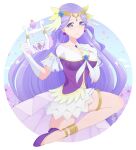  1girl blue_eyes breasts circlet cleavage cowboy_shot cure_earth dress earrings earth_windy_harp fuurin_asumi gloves hand_on_own_chest harp head_wings healin&#039;_good_precure highres instrument jewelry leg_garter lips looking_at_viewer magical_girl medium_breasts precure purple_dress purple_footwear purple_hair solo standing standing_on_one_leg thighs tiara torikoshi_kurou wavy_hair white_gloves 