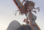  1girl bangs belt blue_eyes breast_pocket breasts brown_hair closed_mouth dress flight_deck kantai_collection long_hair medium_breasts pocket ponytail rigging saratoga_(kancolle) simple_background sleeveless sleeveless_dress smokestack smokestack_hair_ornament solo taruya upper_body white_dress 