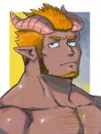  1boy artist_name bara blonde_hair blue_eyes body_hair chest_hair close-up dark-skinned_male dark_skin facial_hair highres horns long_sideburns looking_at_viewer male_focus mature_male muscular muscular_male original pectorals pointy_ears sideburns solo spiked_hair stubble thick_eyebrows topless topless_male tusks yanutorie 