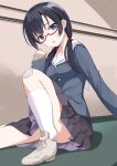  1girl :o absurdres bangs black_hair black_skirt blazer blue_eyes breasts commentary eyebrows_visible_through_hair eyelashes forehead frilled_skirt frills glasses hair_ribbon highres indoors jacket knee_up kneehighs long_hair long_sleeves looking_at_viewer low_twintails marie_(pixiv31942978) medium_breasts open_mouth original ribbon school_uniform shadow skirt solo tied_hair twintails uniform white_legwear 