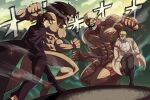  2boys angry armored_titan black_coat black_pants blonde_hair brown_hair clenched_hands clenched_teeth coat confrontation eren_yeager facial_hair highres jojo_no_kimyou_na_bouken male_focus marley_military_uniform meme multiple_boys oh?_you&#039;re_approaching_me?_(meme) pants reiner_braun rogue_titan shingeki_no_kyojin stand_(jojo) stardust_crusaders teeth tina_fate walking 