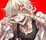  1boy bangs hair_ornament hairclip highres kuroume_(aihikarikuroume24) looking_at_viewer open_mouth red_background red_eyes roman_numeral shirt short_hair simple_background solo stitches suzuya_juuzou tokyo_ghoul white_hair x_hair_ornament 
