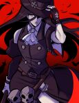  1other absurdres androgynous bare_shoulders belt black_hair eyelashes feathers fingerless_gloves gloves guilty_gear guilty_gear_strive hat highres holding holding_clothes holding_hat holding_weapon jabot long_hair looking_at_viewer one_eye_covered red_eyes scruffyturtles scythe skull solo testament_(guilty_gear) top_hat weapon 
