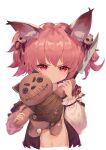  1girl absurdres animal_ear_fluff animal_ears arknights beizitengrener black_jacket burnt_clothes chinese_commentary commentary_request cropped_torso fox_ears hair_ornament heart heart-shaped_pupils highres holding holding_knife holding_stuffed_toy jacket knife looking_at_viewer no_shirt open_clothes open_jacket pink_eyes pink_hair pout shamare_(arknights) short_hair simple_background solo straight-on stuffed_toy symbol-shaped_pupils twintails upper_body v-shaped_eyebrows white_background white_sleeves 