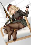  1girl absurdres battlefield black_legwear brown_hair character_request copyright_request feet gloves green_eyes haidong hat highres looking_at_viewer medium_hair military military_hat military_uniform needle pantyhose peaked_cap skirt soles thighband_pantyhose toes uniform 