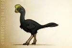  2014 ambiguous_gender beak beak_closed black_body black_feathers claws closed_frown digital_media_(artwork) dinosaur feathers feral fredthedinosaurman frown head_crest long_tail orange_eyes oviraptor oviraptorid reptile scalie sharp_claws solo theropod watermark wings yellow_crest 