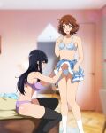  2girls anime_coloring bed bedroom black_hair black_legwear blue_bra blue_panties blue_skirt blurry blurry_background bra breasts brown_eyes brown_hair cleavage collarbone commentary hibike!_euphonium highres kousaka_reina long_hair looking_at_another looking_down medium_breasts multiple_girls navel official_style on_bed oumae_kumiko panties purple_bra purple_eyes purple_panties sbel02 shiny shiny_hair short_hair sitting skirt small_breasts socks straight_hair thighhighs underwear undressing_another wavy_hair yuri 