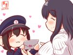  2girls :3 alternate_costume artist_logo black_hair blue_headwear blush closed_eyes closed_mouth commentary_request dated envelope eyebrows_visible_through_hair hair_ornament hat heart heart_stickers japanese_postal_mark kanon_(kurogane_knights) kantai_collection mailman multiple_girls necktie one-hour_drawing_challenge portrait red_necktie ribbed_sweater shigure_(kancolle) simple_background smile sweater turtleneck turtleneck_sweater white_background white_sweater yamashiro_(kancolle) younger 