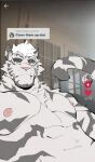  1boy animal_ears arknights bara cover_them_up_slut_(meme) flat_color from_below furry furry_male highres kafka_(arknights) large_pectorals looking_at_viewer male_focus mature_male meme meru_tenshi mountain_(arknights) muscular muscular_male nipples nude pectoral_focus pectorals scar scar_across_eye scar_on_face short_hair sideburns solo tail tail_raised tiger_boy tiger_ears tiger_tail tiktok upper_body white_fur white_hair 