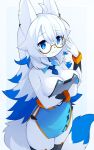  2022 5_fingers absurd_res ahoge anthro bella_(devil-vox) big_breasts blue_body blue_eyes blue_fur blue_hair breasts canid canine claws cleavage clothed clothing devil-vox dipstick_tail ear_piercing eyewear female finger_claws fingers fox fur glasses hair hi_res kemono long_hair mammal markings multicolored_body multicolored_fur multicolored_hair multicolored_tail piercing smile solo tail_markings white_body white_fur white_hair 