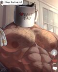  1boy areolae astro_blasto bara chest_hair cover_them_up_slut_(meme) cup dark-skinned_male dark_skin english_text highres large_pectorals looking_at_viewer male_focus mature_male meme mug mug_daddy muscular muscular_male nude original pectoral_focus pectorals solo tiktok upper_body 