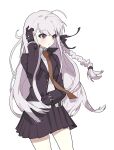  1girl absurdres ahoge bangs black_gloves black_jacket black_ribbon black_skirt braid brown_necktie closed_mouth collared_shirt cowboy_shot danganronpa:_trigger_happy_havoc danganronpa_(series) eyebrows_visible_through_hair gloves hair_ribbon highres jacket kirigiri_kyouko long_hair long_sleeves mirae necktie open_clothes open_jacket pleated_skirt purple_eyes purple_hair ribbon shirt simple_background skirt solo white_background 