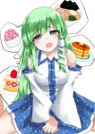  1girl absurdres blue_skirt blush breasts cake collared_shirt detached_sleeves food frog_hair_ornament green_eyes green_hair hair_ornament hair_tubes heart heart-shaped_pupils highres kabi_killer kochiya_sanae long_hair muffin open_mouth pancake shirt skirt sleeveless sleeveless_shirt snake_hair_ornament solo soup symbol-shaped_pupils touhou white_background white_shirt 