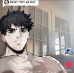  1boy alchemy_stars areolae bara black_hair cover_them_up_slut_(meme) frown highres inari_(inariura) large_pectorals looking_at_viewer male_focus meme muscular muscular_male pectoral_focus pectoral_squeeze pectorals pittman_(alchemy_stars) scar scar_on_cheek scar_on_chest scar_on_face short_hair solo tiktok upper_body 
