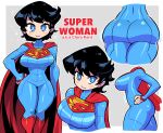  1girl ass black_hair blue_bodysuit blue_eyes bodysuit breasts bright_pupils cape character_name closed_mouth curvy dc_comics from_side genderswap genderswap_(mtf) hand_on_hip highres large_breasts looking_at_viewer multiple_views narrow_waist rariatto_(ganguri) red_cape redrawn short_hair smile superhero superman superman_(series) superwoman white_pupils 