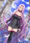  1girl bangs bare_shoulders black_dress black_legwear blue_sky breasts chain cleavage collar detached_sleeves dress facial_mark fate/stay_night fate_(series) feathers forehead forehead_mark highres large_breasts long_hair looking_at_viewer medusa_(fate) medusa_(rider)_(fate) nameless_dagger_(fate) parted_bangs pillar purple_eyes purple_hair ryuuneart short_dress sidelocks sky solo thighhighs thighs very_long_hair weapon 