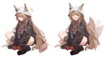  1girl absurdres animal_ears arknights bangs belt belt_buckle black_coat blush braid brown_hair buckle ceobe_(arknights) ceobe_(unfettered)_(arknights) chain chinese_commentary closed_mouth coat crossed_legs dog_ears dog_tail dolphin_earrings ears_through_headwear eyebrows_visible_through_hair eyes_visible_through_hair fang gloves hair_over_one_eye highres long_hair long_sleeves looking_at_viewer multiple_views notice_lines on_floor open_mouth oversized_clothes pocket red_eyes red_gloves shorts simple_background sitting skin_fang smile socks star_(symbol) tail tail_wagging twin_braids white_background white_headwear yuan_(ziranran) 