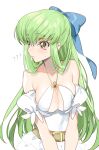  1girl ? ?? bare_shoulders belt belt_buckle blue_bow bow breasts buckle c.c. cleavage cleavage_cutout clothing_cutout code_geass commentary_request cosplay creayus dress green_hair hair_bow halter_dress halterneck highres kono_yuusha_ga_ore_tueee_kuse_ni_shinchou_sugiru large_breasts long_hair looking_away looking_to_the_side parted_lips puffy_short_sleeves puffy_sleeves ristarte_(kono_yuusha_ga_ore_tueee_kuse_ni_shinchou_sugiru) ristarte_(kono_yuusha_ga_ore_tueee_kuse_ni_shinchou_sugiru)_(cosplay) short_sleeves simple_background solo sweatdrop upper_body v_arms very_long_hair white_background white_dress yellow_eyes 