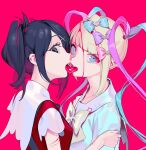  2girls ame-chan_(needy_girl_overdose) bangs black_eyes black_hair blonde_hair blue_bow blue_eyes blue_hair blunt_bangs bow bowtie breasts censored chouzetsusaikawa_tenshi-chan eyebrows_visible_through_hair french_kiss from_side hair_bow hair_ornament heart highres kiss long_hair looking_at_viewer mosaic_censoring multicolored_hair multiple_girls needy_girl_overdose official_art ohisashiburi open_mouth pink_background pink_bow pink_hair quad_tails school_uniform simple_background small_breasts star_(symbol) teeth tongue tongue_out upper_teeth white_bow white_bowtie x_hair_ornament yuri 
