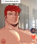  1boy bara beard boku_no_hero_academia chest_hair cover_them_up_slut_(meme) endeavor_(boku_no_hero_academia) facial_hair large_pectorals leo_(frosted_knight) looking_at_viewer male_focus mature_male meme messy_hair muscular muscular_male nipples nude pectoral_focus pectorals red_hair scar scar_across_eye short_hair sideburns solo stubble tiktok unamused upper_body 