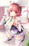  1girl alternate_costume animal_ears bangs breasts cat_ears cat_tail chest_jewel cleavage elbow_gloves gloves karuushi large_breasts maid maid_headdress pyra_(xenoblade) red_eyes red_hair short_hair solo swept_bangs tail xenoblade_chronicles_(series) xenoblade_chronicles_2 
